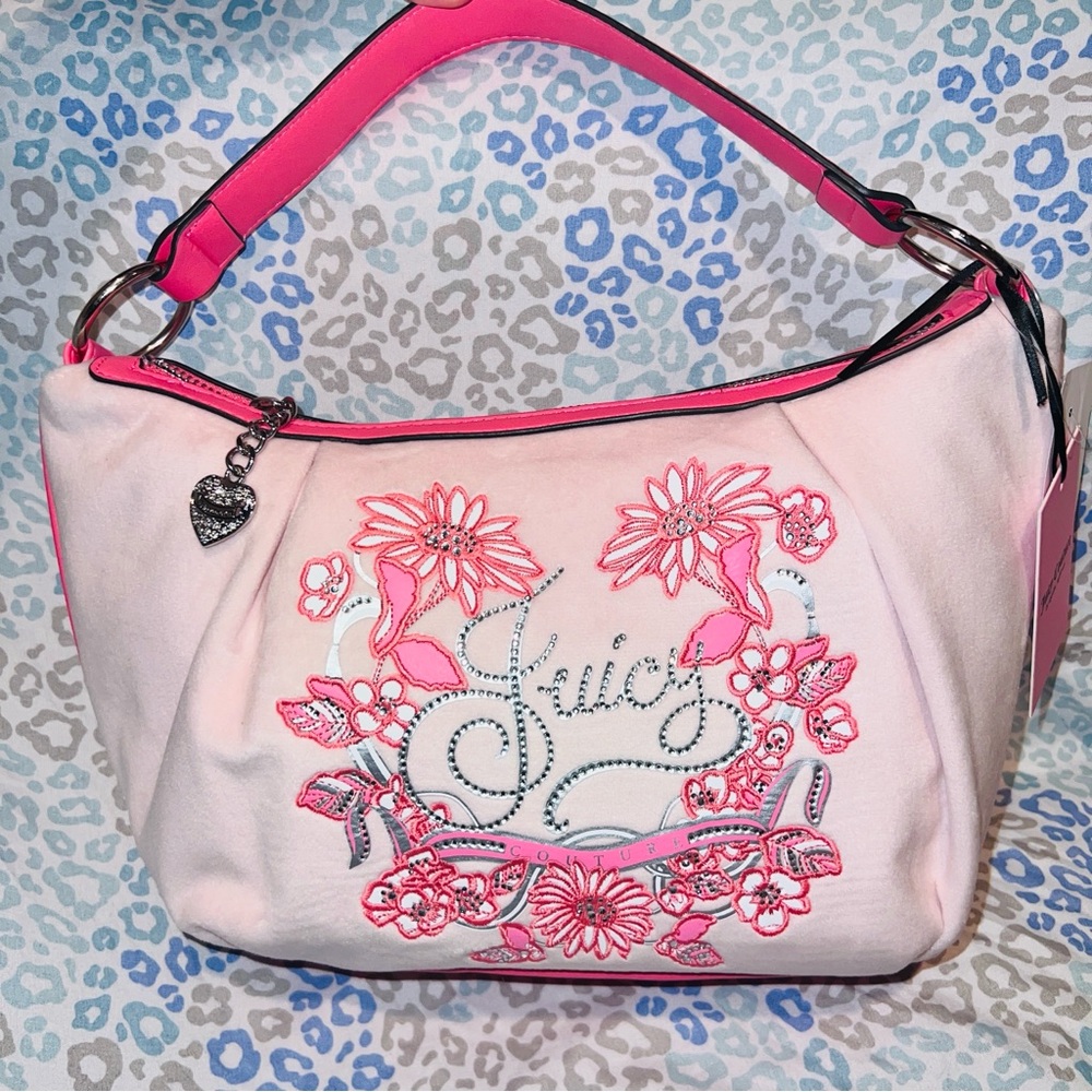 New Pink Juicy Couture Purse Handbag Satchel Bag Floral Flower Velour